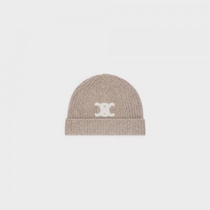 Celine Triomphe Embroidered Beanie In Seamless Cashmere ハット ブラウン | CL-592369